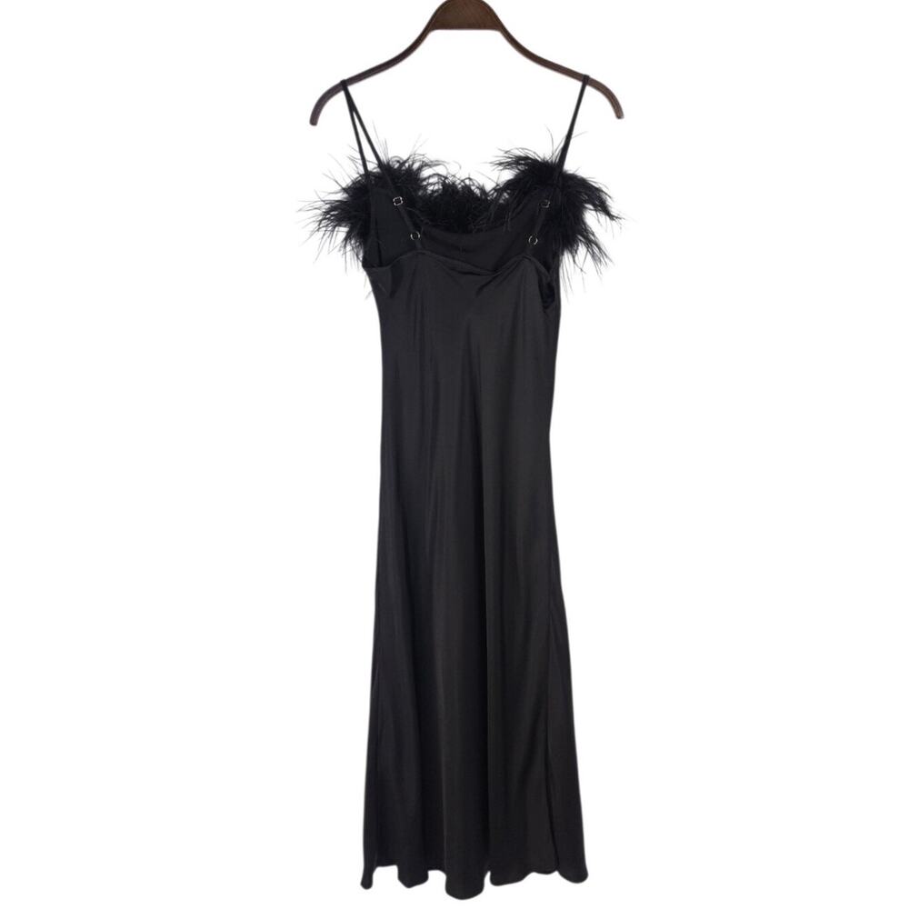 Sleeper Boheme Satin Midi Slip Dress Black Ostrich Feather Trim - Picture 7 of 12